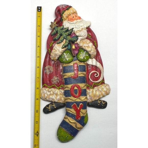 Vintage Santa Claus Christmas Wall Hanging Holding Joy Stocking 13 Inch - Picture 3 of 9